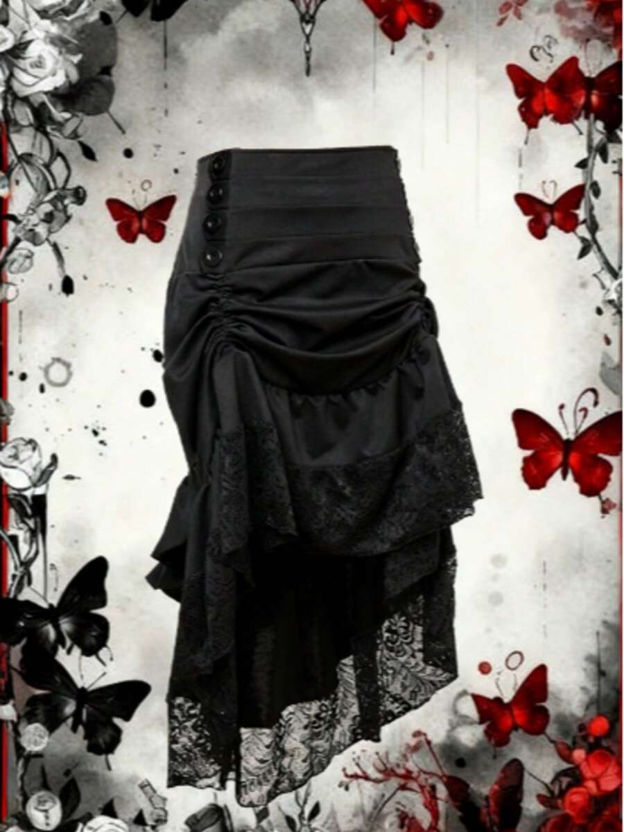Vintage Gothic High Waist Skirt For Women, Victorian Steampunk Lace Asymmetrical Ruffle Hem Midi Skirt, Sexy Cosplay Renaissance Party Outfit, Punk Festival Dance Skirt, Y2K Alternative Fashion Clothing - 黑色 - 查看 1