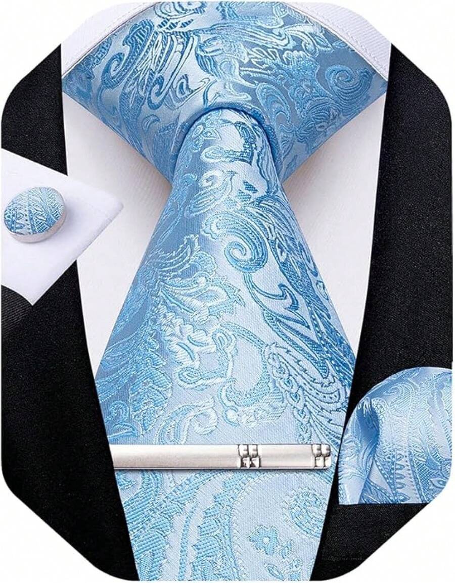 Silk Floral Necktie Set With Tie Clip, Handkerchief & Cufflinks - Light Blue Paisley - View 1