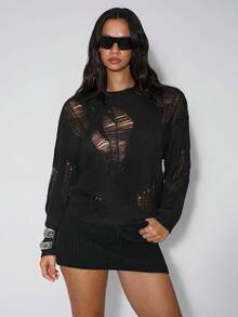 TypaGal Women Fall Autumn Winter Casual Sporty Chic Modern Going Out Elegant Sexy Black Solid Drop Shoulder Ripped Sweater-Black,Long Sleeve Tops In Fall/Winter