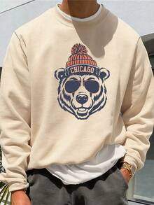 男士休闲宽松圆领卫衣，饰有熊头图案印花，芝加哥风格设计，长袖上衣 - 杏色 - 查看 2