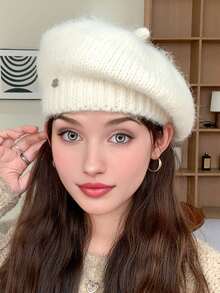 1pc Women's Classic Fuzzy Beret Hat, Knitted Solid Cloud Beanie, Fine Fleece Painter Cap, Casual Style Newsboy Hat, Suitable For Autumn/Winter Daily Wear, Walkable, Shopping