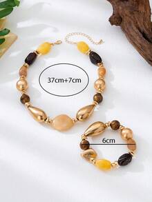 2 Pieces Set Of Vintage Thick Resin Luxury Luxury Luxury Gold Beeswax Colored Multi Colored Bead Necklace And Bracelet, Suitable For Women's Daily Wear And Bohemian Retro Style