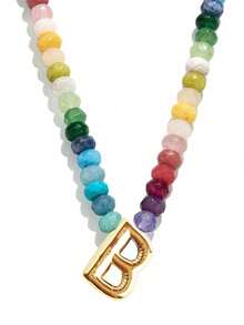 1pc Bohemian Style Colorful Natural Stone Beaded 26 Letter Copper Pendant Necklace, Suitable For Daily, Vacation, Travel, Casual Wear, Fashion Jewelry Gift For Family And Friends