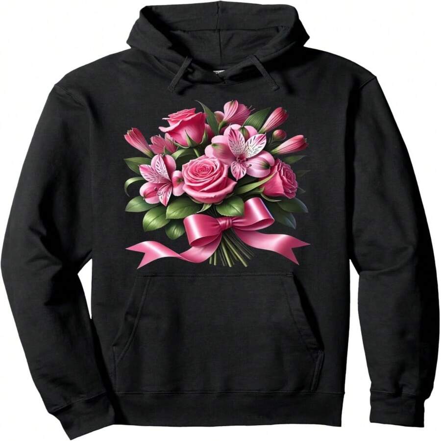 Elegant Pink Rose And Lily Bouquet With A Bow Shapes Mania Pullover Hoodie - 黑色 18 - 查看 1