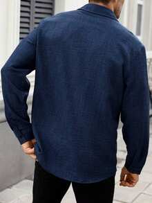 Men's Navy Blue Casual Long Sleeve Shirt, Outdoor Leisure Minimalist Fashion Shirt, Casual Jacket - Navy Blue - View 4