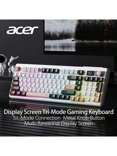 Acer OKW 222 Tri-Mode Keyboard With Smart Battery Display, Wired/Bluetooth/2.4G Connectivity, Compact 90-Key Layout, And Soft-Tune Keys For Office And Gaming Use.