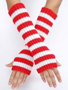 Women's Striped Knitted Fingerless Gloves, New Autumn/Winter Mid-Length Warm And Fashionable Arm Sleeves