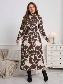 大码女式复古花卉印花褶饰腰长袖长裙，秋冬 - 彩色 - 查看 5