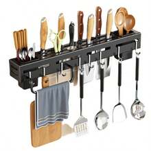 Estante para cuchillos de pared, estante multifuncional para palillos de cocina, estante de almacenamiento sin perforaciones - Negro - Ver 1