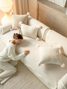 1pc Thickened Plush Sofa Cover, Jacquard Autumn/Winter Sofa Cushion, Warm & Soft, Pet-Friendly, Dirt & Scratch Resistant, Suitable For All Seasons, For Living Room, Bedroom, Outdoor, Fits 1/2/3/4 Seater Sofa - Beige - View 5