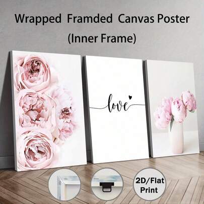 3pcs Romantic Pink Peony Love Canvas Art Set - Elegant Floral Wall Decor With White Wooden Frames, Perfect For Valentine'S Day, Aesthetic Living Room & Bedroom Decoration, Minimalist Canvas ArtHi, Best For Christmas, Perfect For Thanksgiving