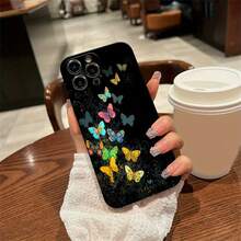Simple Cartoon Butterfly Print Cube Edge Phone Case For IPhone 16 15 14 13 12 11 X XR Xs Plus Pro Pro Max PC Material Scratch-Resistant Lightweight Fashion Gift Choice - Light Blue - View 5