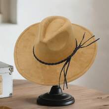 Suede Cowgirl Hat For Women Men Black Band Wide Brim Solid Color Western Cap For Party, Outdoor - Khaki - View 3