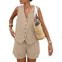 2 Piece Outfits Women Summer Bussiness Linen Sets Sleeveless Vest Button Waistcoat and Pockets Shorts - inicial - Ver 3