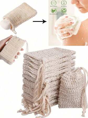 1/5/10 st återanvändbar tvålpåse, sisal tvålpåse med dragsko, tvålpåse, knuten duschtvålpåse för skumning och torkning, kroppsskrubber, ryggskrubber hudleader för exfoliering av smuts och död hud, kroppsrengöringsverktyg, badrumstillbehör, badrumstillbehör heminredning sommar