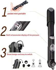 Bomba de Bicicleta, Bomba de Bicicleta Portátil con Barómetro - Alta Presión 120 PSI para Neumáticos de Montaña, Carretera, Híbridos y Bicicletas BMX y Balones Deportivos - 1 - Ver 3