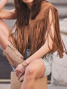 Vintage Bohemian Western Cowgirl Fringed Suede Sleeveless Loose Music Festival/Date/Vacation Blouse For Women