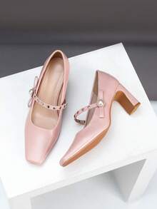 1 Par de Sapatos de Salto Grosso Quadrado de Couro Envernizado Versátil e de Alta Qualidade com Fivela de Pérola, Adequado para Várias Festas e Roupas de Trabalho, Primavera/Outono