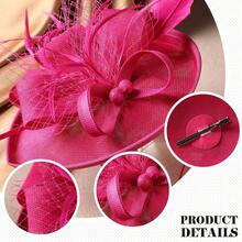Tea Party Hat For Women - Rose Red Derby Fascinator With Detachable Headband (9.64"X7.87" / Head Circumference 21.5"-23.5") - Lightweight Feather & Polyester - Hồng - Xem 5