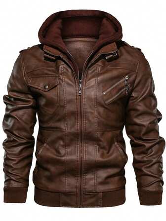 Herrjacka i PU-läder med lång ärm och dragkedja, höst, casual, street, jacka