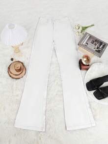 Apperloth A 高腰弹力斜插口袋白色PU皮喇叭裤，商务休闲裤，朋克音乐节 - 白色 - 查看 5