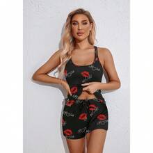 Women's Cami Pajama Set Sleeveless Racerback Tank Top Soft Sleepwear For 2025 - Red Lip - View 2