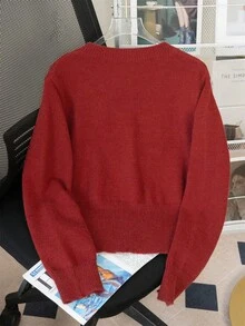 女士休闲圆领针织开衫，复古简约红色长袖短款毛衣，冬季外套 - 紅色 - 查看 4
