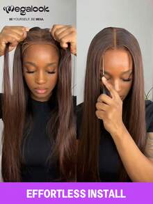 MEGALOOK 沙龙级奢华巧克力棕色6x5蕾丝无胶假发，180%密度，双层拉丝柔顺直发，预先拔毛、预先剪裁，打造自然发际线，无胶蕾丝闭合，10-20英寸长波波头假发，适合初学者，夏季轻盈，日常佩戴，适合办公室。 - S4 - 查看 3