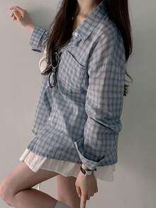 2025 格纹印花休闲百搭长袖衬衫 春季款 - 藍色 - 查看 2