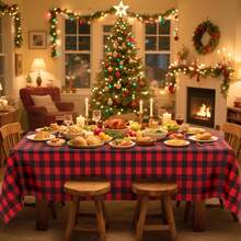 1/4 件圣诞红黑格子一次性塑料桌布，54 X 108 英寸长方形桌布，适合伐木工人主题、野餐、生日、圣诞派对装饰 - 黑紅 - 查看 1