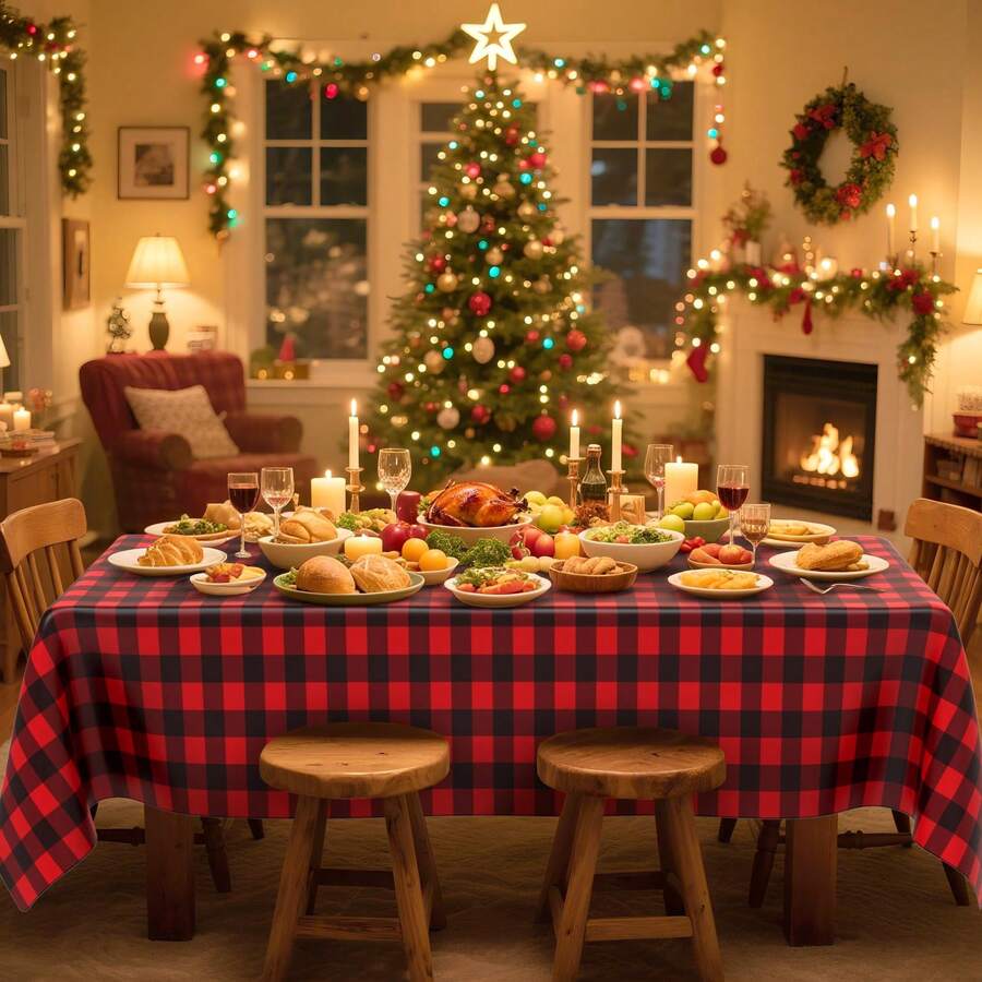 1/4 件圣诞红黑格子一次性塑料桌布，54 X 108 英寸长方形桌布，适合伐木工人主题、野餐、生日、圣诞派对装饰 - 黑紅 - 查看 1