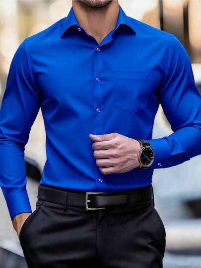 1pc Men Formal Long Sleeve Shirt With Pocket, Spring/Autumn