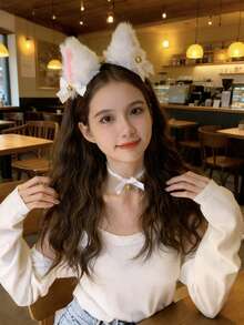 2pcs Women White Sexy Mesh Furry Ear Headband Bow Choker Bell Costume Accessories Prop, Halloween Gift, Party Supplies
