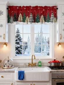 1 pieza Cenefa de ventana con estampado de árbol de Navidad y copos de nieve - Bolsillo para barra, de poliéster con filtro de luz para la cocina