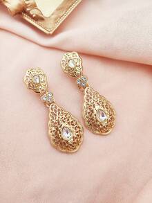 1 par de pendientes de estilo vintage de Oriente Medio con colgante de gota de agua hueco, metal incrustado con rhinestones, adecuado para uso diario, bodas, fiestas, festivales, regalo