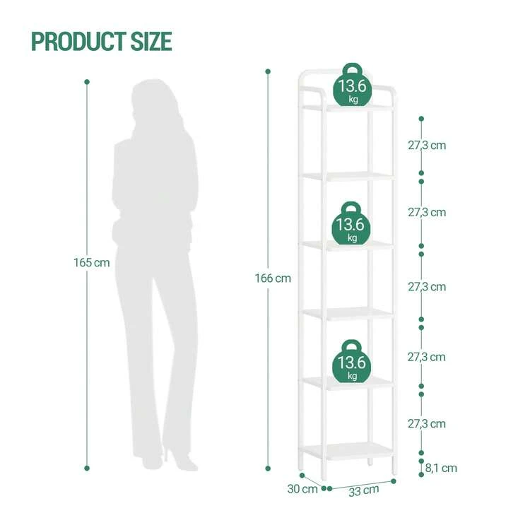 HEXCELEN Bookshelf, Shelf, Standing Shelf, Narrow Bookcase, Industrial Corner Shelf, Slim Shelf For Home Office, Living Room, Bedroom, Kitchen, 6 Tiers White - White - View 11