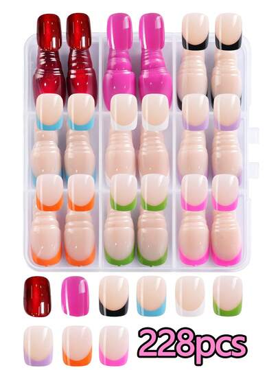 228pcs Square Cat-Eye French Short Press-On Nails, Classic French Style With Cat-Eye Design False Nail Set, Full Coverage Removable Nails, With Jelly Glue And Nail File, Suitable For Women's Holiday Parties, Daily Wear Nail Decoration