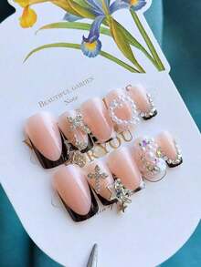 Y2K 24Pcs Set French Style Black & White Tie Dye Polka Dot Press-On Nails, Reusable, With Bowknot, Star Rhinestones, Cute & Chic, Suitable For Dates, Spring, New Year, Christmas, Daily, Birthday, Festival, Spring/Summer New Arrival Nail Supplies Nails - 黑白2 - 查看 5