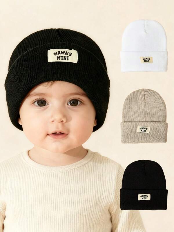 1pc Newborn Baby Solid Color Letter Mini Casual Beanie Hat, Simple Knit Warm Comfortable Sleeping Cap, Windproof Winter Outdoor Hat, Autumn/Winter