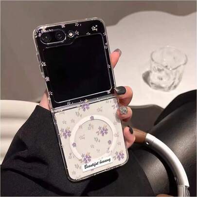 Elegant Purple Floral Magnetic Folding Phone Case For Samsung Galaxy Z Flip3 5GGalaxy Z Flip 4 5GGalaxy Z Flip 5 5GGalaxy Z Flip 6 5GGalaxy Z Flip