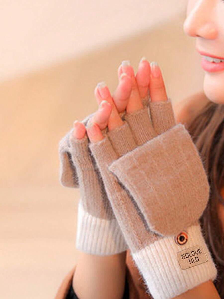 1 Pair Casual Street Style Half Finger Flip-Top Gloves, Warm Knitted Touchscreen Gloves For Cycling And Outdoor Activities - Half-finger Flap Gloves - View 1