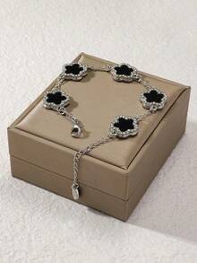 1pc Fashionable & Elegant Clover & Ocean Blue Rhinestone Inlaid Bracelet For Women's Daily Wear (Without Gift Box) - 銀牌 2 - 查看 1