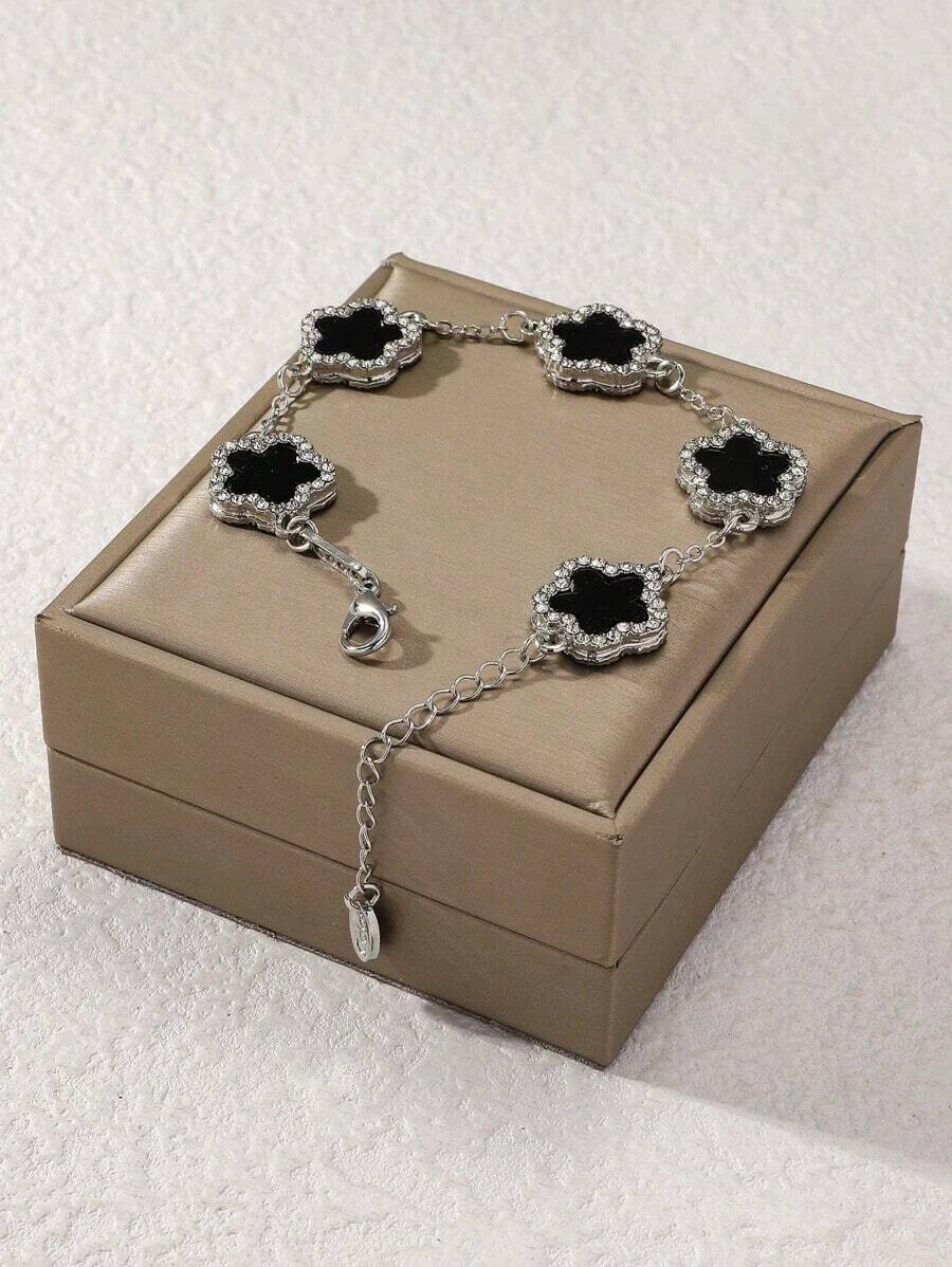 1pc Fashionable & Elegant Clover & Ocean Blue Rhinestone Inlaid Bracelet For Women's Daily Wear (Without Gift Box) - 銀牌 2 - 查看 1