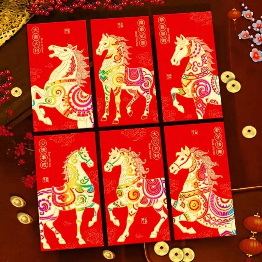 12 个中国新年红包 - 农历新年吉祥钱包,带自封口,传统红色和马匹设计,卡通动物主题,纸质材料,适合中国新年、新年、礼物 - 好运、节日礼品包装、节日信封设计、自封信封、吉祥物品、礼品卡 - 彩色 - 查看 1