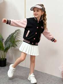 New Girls' Colorblock Jacket Coat, Young Girl' Cute Cartoon Pattern Baseball Jacket, Children's Spring/Autumn Outerwear