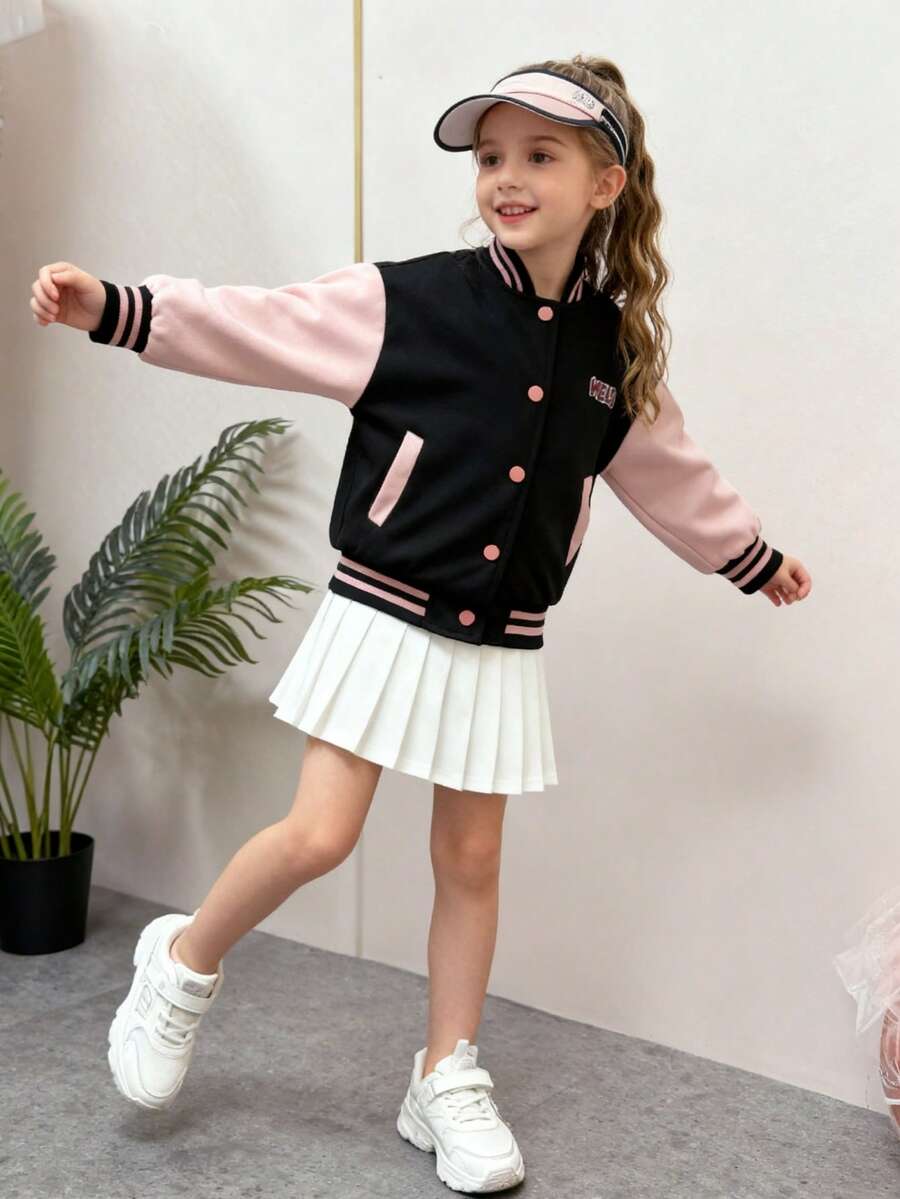 New Girls' Colorblock Jacket Coat, Young Girl' Cute Cartoon Pattern Baseball Jacket, Children's Spring/Autumn Outerwear