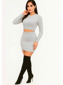 Conjunto de Falda y Blusa Tejida - Gris - Ver 3