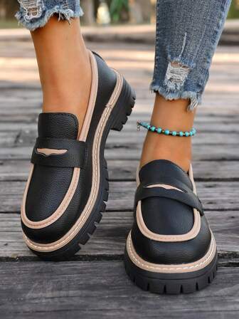 Women's Fashion Casual Round Toe Slip-On Loafers, Thick Sole Oxford Shoes, Black