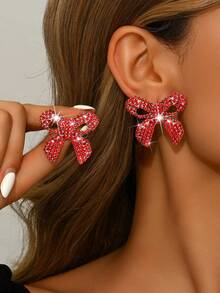 1 Paio di Eleganti Orecchini a Nappina con Fiocco Brillante, Orecchini a Perno con Cristalli Scintillanti, Accessori di Gioielleria alla Moda per Donne