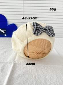 1pc Girls' Plaid Bow Knitted Beret Hat, Beige